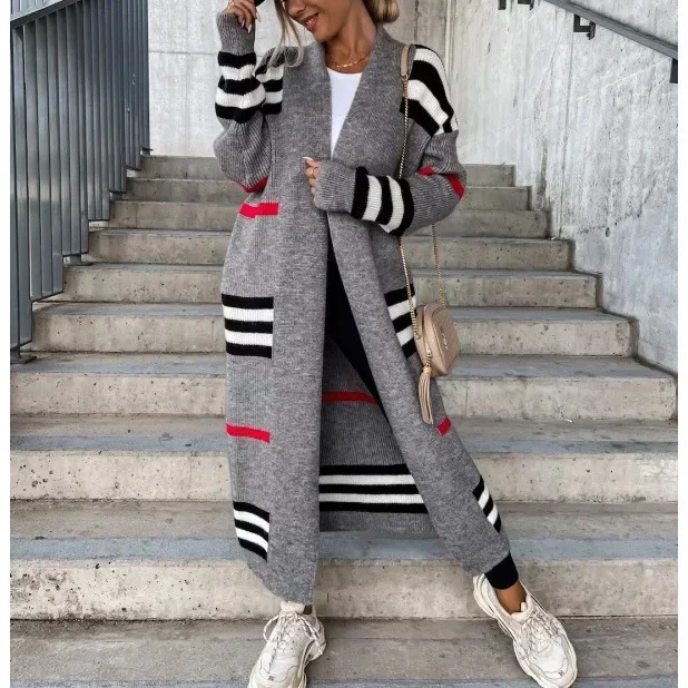 

Casual Cardigans Women Stripe Knit Cardigan Long Jacket Sweater 2024 Autumn Warm Winter Knitted Coat Streetwear Jumpers Knitwear