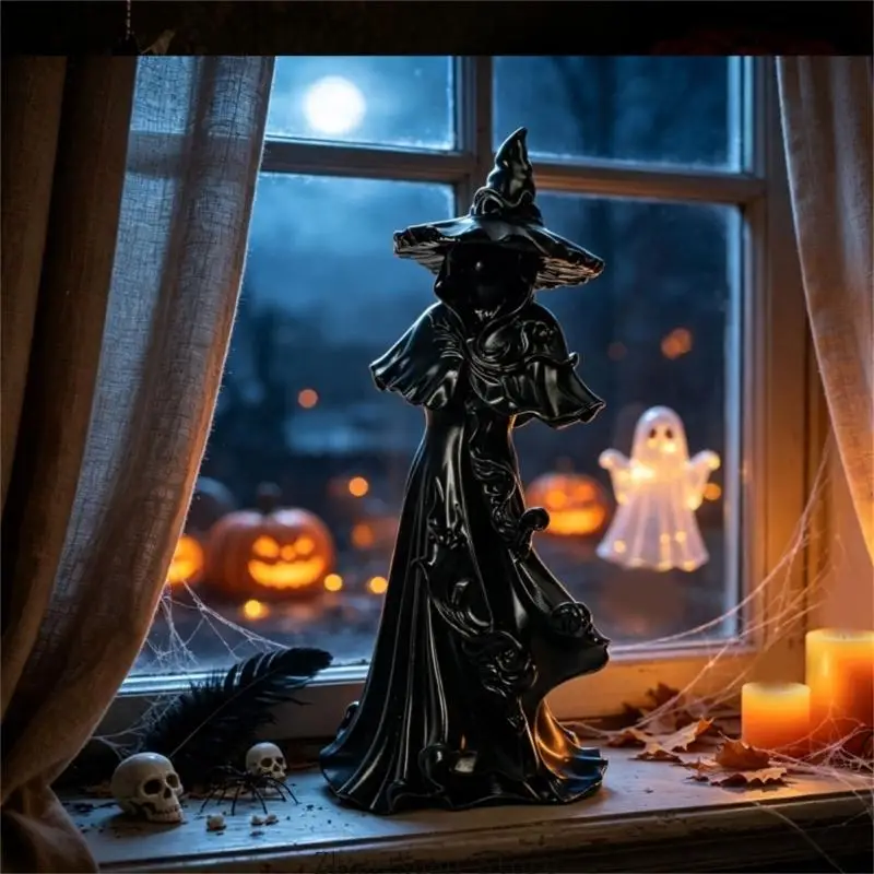 Hexenstatue aus Harz für Halloween-Dekorationen, Skulpturfigur mit verbreiterter Basis für Tischregal, Kaminsims und Fensterbank – Detail 3