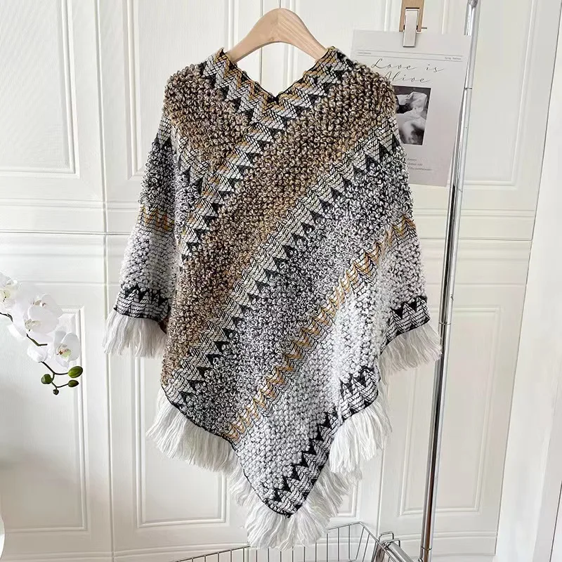 Autumn Knitting Cotton Shawl Ethnic Scarf Striped Tassel Poncho For Women Pashmina Keep Warm Travel Shawls Headband 65*70cm