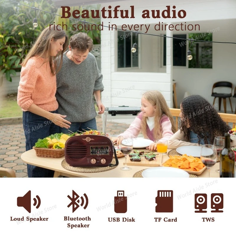 Retro Bluetooth Radio, Portable Radio AM FM Transistor Battery Operated Radio USB Music Player Dark Brown