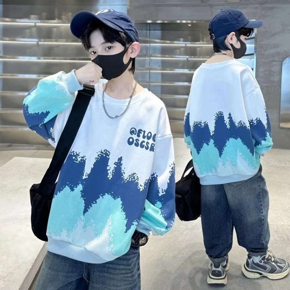 Spring Autumn Fashion Boys Sweatshirts Korean Fashion Color Block Letter Hoodies Casual Children's Clothing Pullover Sweatshirt