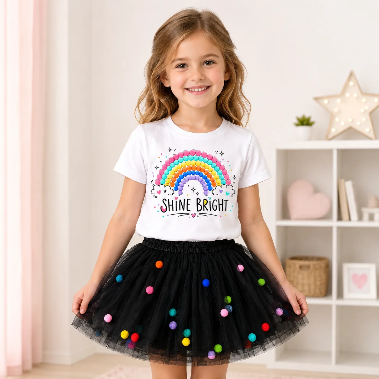 Summer Girls 2Pcs Outfit Rainbow Shine Bright Print Cotton Short Sleeve T-Shirt + Color Pom Pom Black Tulle Tutu Skirt Kids Birt
