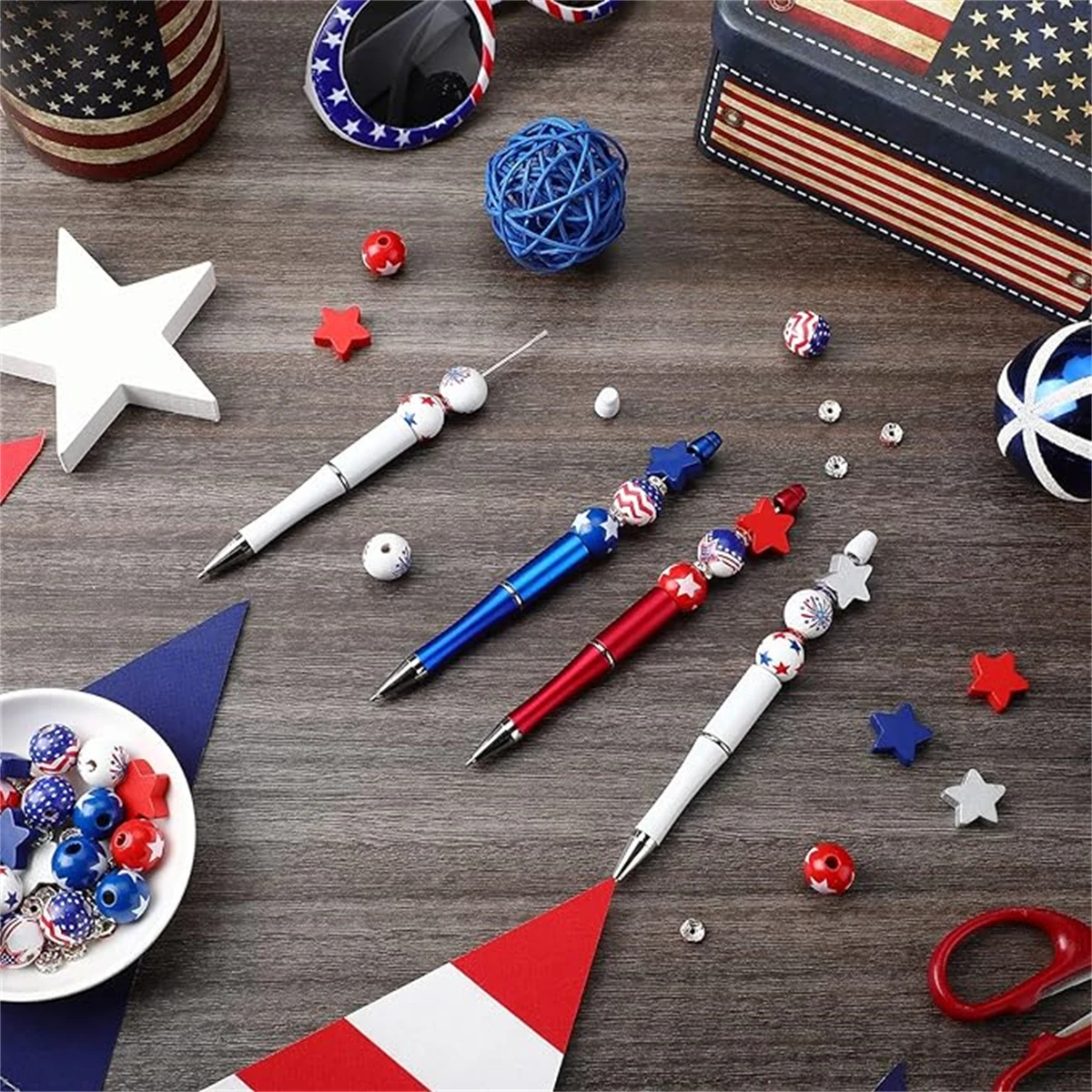 

9Pcs American Flag Independence Day Pentagram Theme DIY Beaded Pen Silicone Bead Set Office Stationery