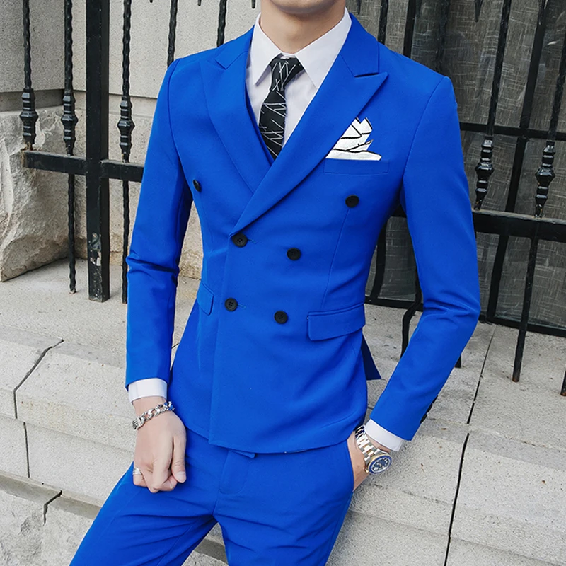 ( Jackets + Pants ) Solid Color Double Breasted Mens Suit Groom Wedding Dress Dinner Party Prom Suits Formal Business Tuxedo