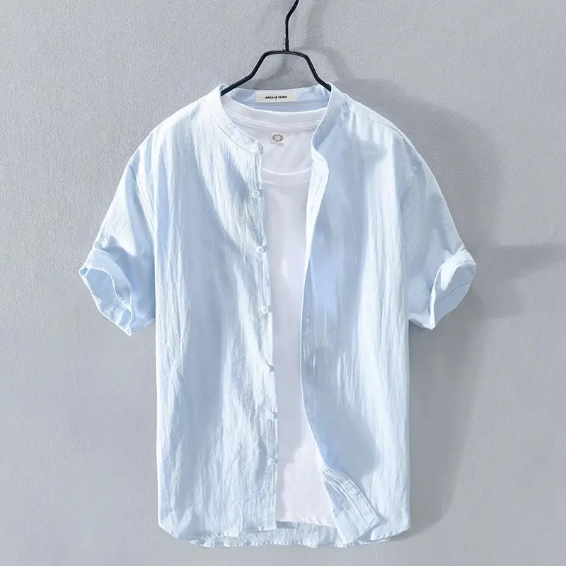 Trendy Brand Cotton Linen Short-sleeved Men's Summer Loose Wrinkled Cloth Shirt Chinese Style Retro Literary Stand Collar Shirt