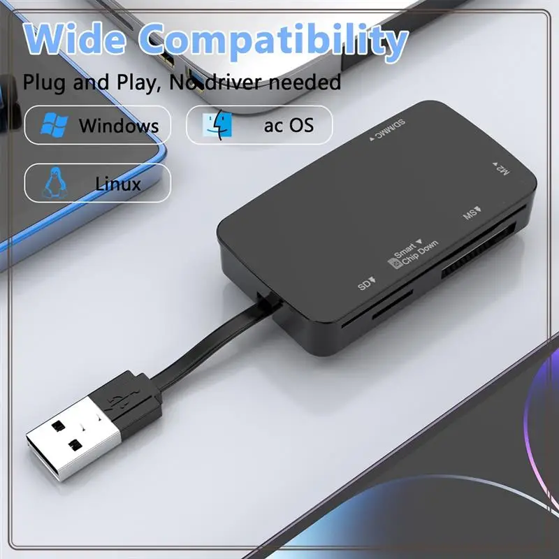 قارئ/محول بطاقات USB 2.0 موثوق به-6 في 1 مع نقل سريع بسرعة 480 ميجابت في الثانية للبطاقات الذكية TF وMS وM2 وSD/MMC، 6 في 1 USB 2.0 Ca