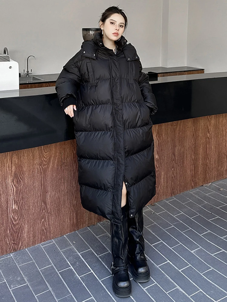 [EAM] Black Thick Long Warm Big Size Hooded Cotton-padded Coat Long Sleeve Women Parkas Fashion New Autumn Winter 2025 1DH8321