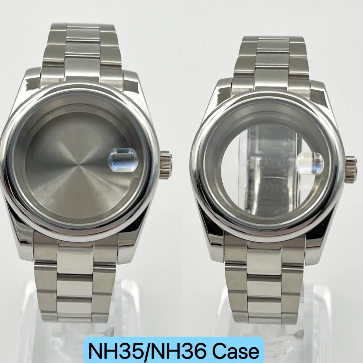 

36mm/39mm stainless steel NH35 case smooth round edged case middle polished oyster strap sapphire glass transparent bottom cover