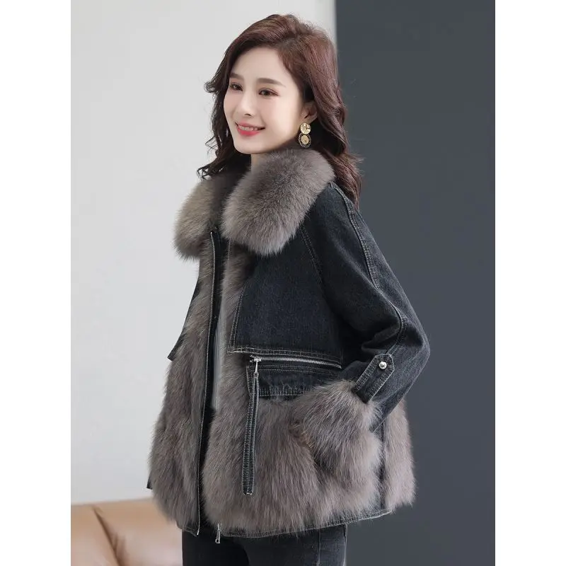 Women Thick Coat Winter Autumn Korean Patchwork Jeans Coat Sweet Single Breasted Full Turn-down Collar Single Breasted Girls Bag