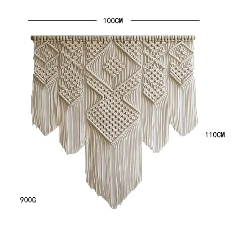 Large Macrame Wall Hanging Tapestry with Wooden Stick, Hand Woven Bohemian Tassel Curtain, Boho Decor for Wedding Background
