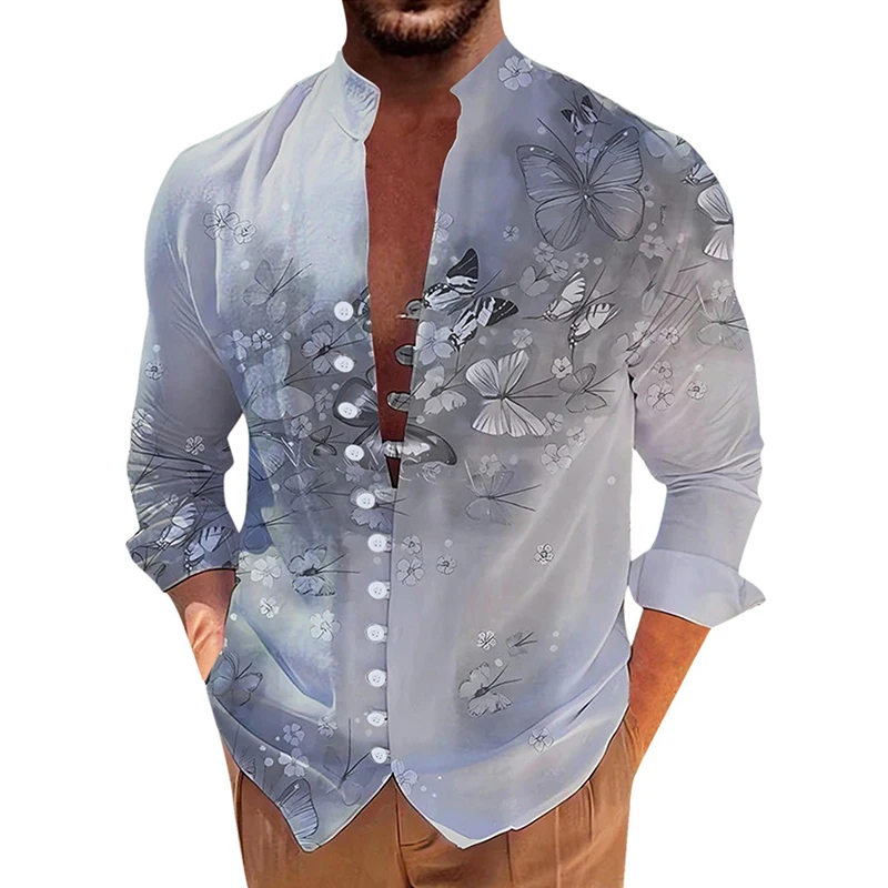 

2025 Men Hawaiian Shirts Summer Fashion Loose Long Sleeve Shirt Male Single Breasted Standing Collar Camisa Ropa Para Homme
