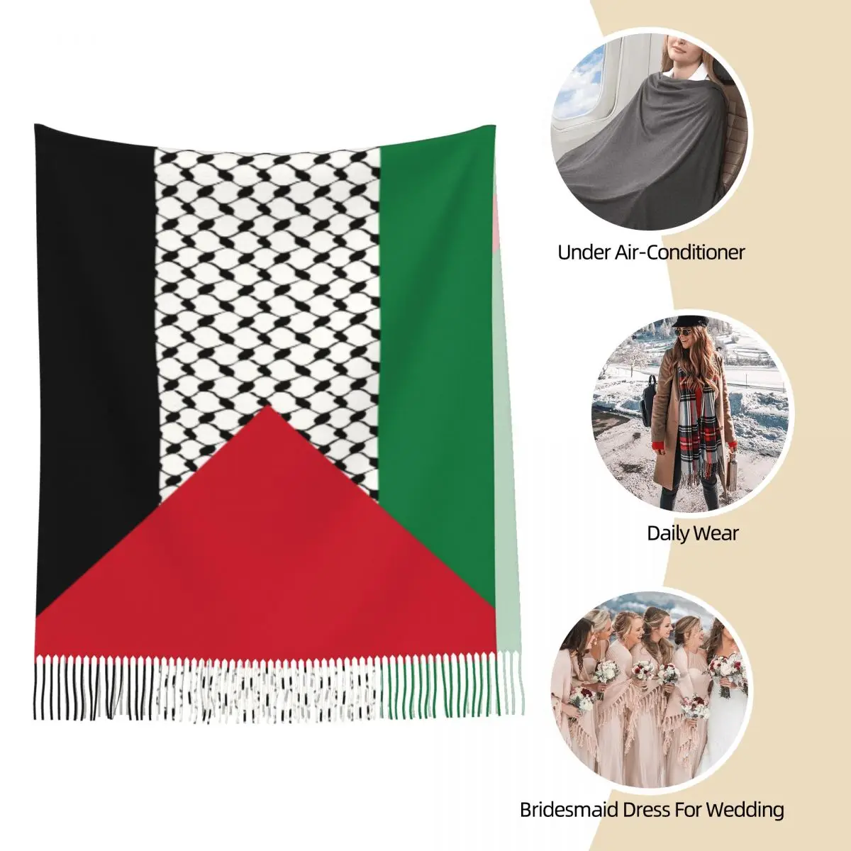 Palestine Flag Scarf for Womens Fall Pashmina Shawl Wrap Palestinian Hatta Kufiya Keffiyeh Large Scarves with Tassel for Ladies