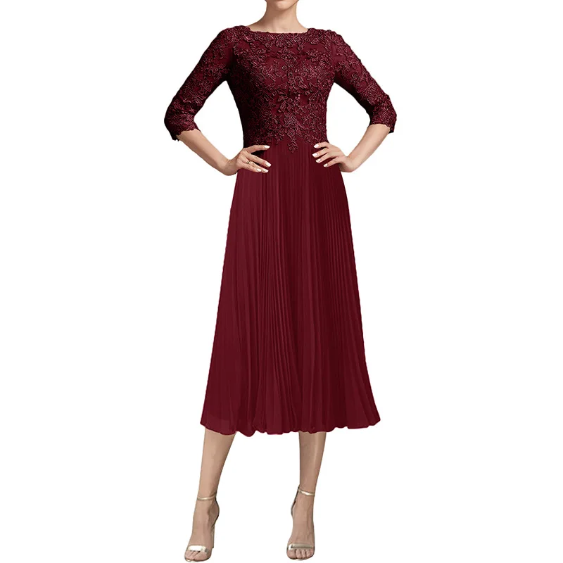 Tee Länge Mutter der Braut Kleid Strand elegante Chiffon Spitze Applikationen Gast Party Kleider Robe de Soiree