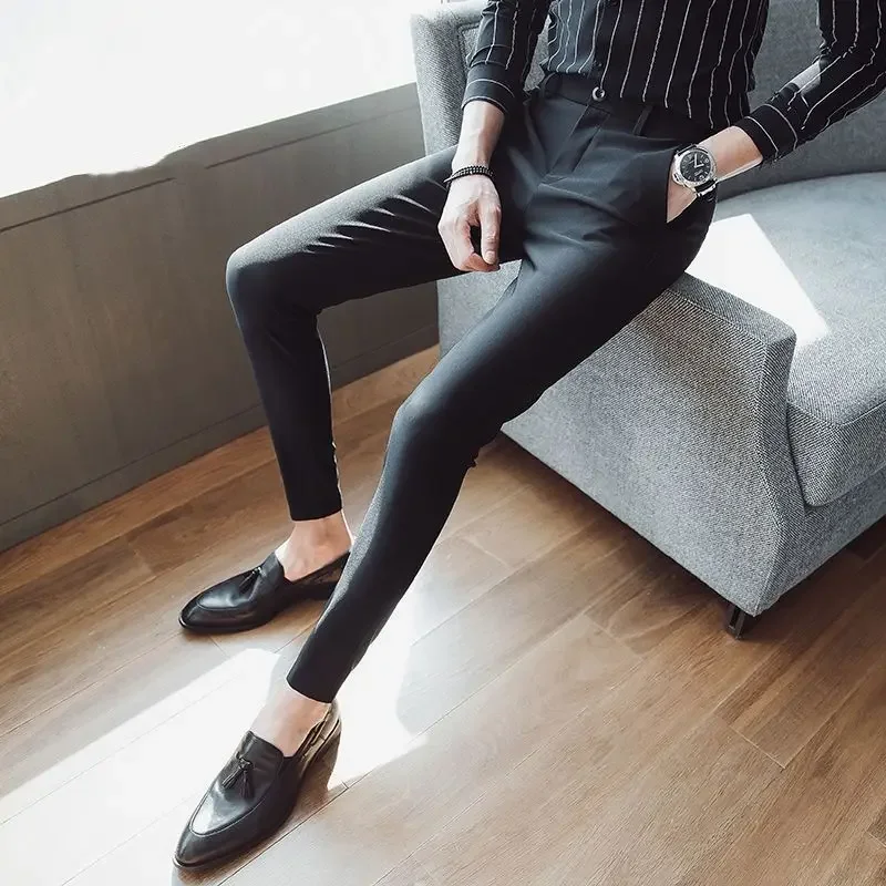 Blue Elastic Man Suits Pants Stretch Trousers for Men Tight Elegant Up Summer 2024 Vintage Cheap Anti-wrinkle Formal Dress Fine