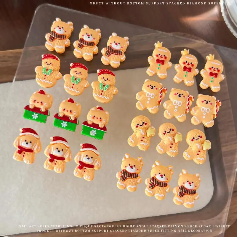 10PCS Kawaii Christmas Gingerbread Man Elk Resin Nail Charms Cartoon Creative Yellow Bear Snowman Nail Art Decorations DIY Nails