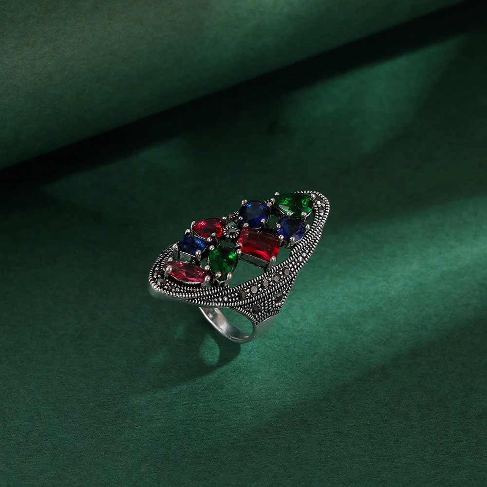 Ajojewel Silver-color Vintage Necklace Ring Earrings Large Jewelry Sets For Women With Green/Red/Colorful Crystals Gift