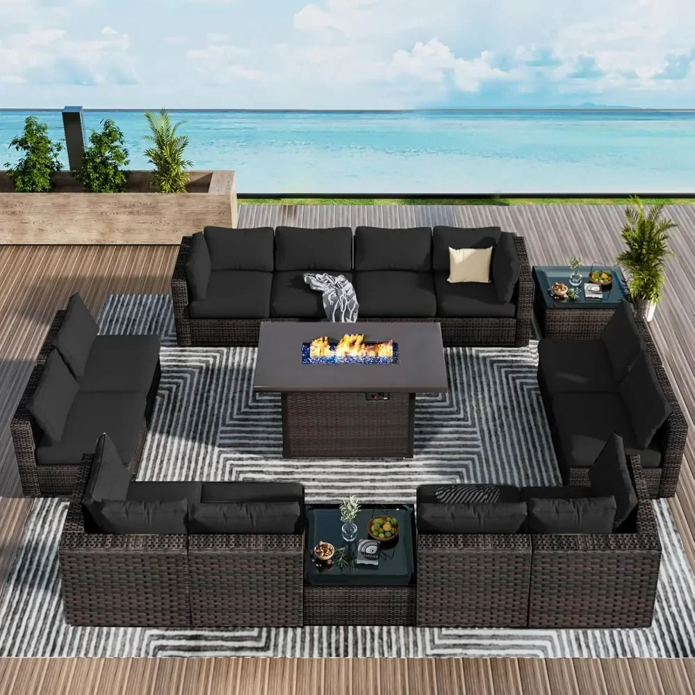 

15 Pieces Patio Furniture Set with Fire Pit Table, Sectional Couch with All-Weather No-Slip Cushions and Waterproof Covers