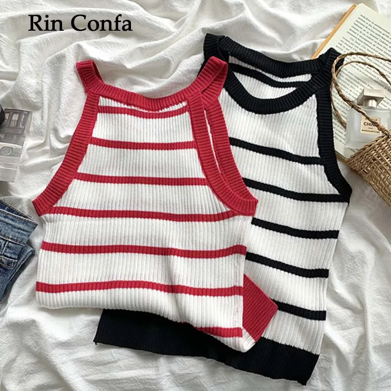 

Rin Confa Women Striped Knitting Tops Fashion O-Neck All-Match Crop Top Summer Sleeveless Pullover High Street Slim Tank Tops