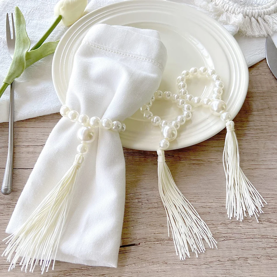 6pcs Napkin Rings Buckles Pearl Tassels Handcrafted Table Napkin Holder for Home Kitchen Dinner Wedding Christmas Decoration