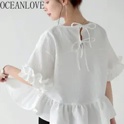 OCEANLOVE Ruffles Solid T Shirt for Women Summer Korean Fashion Sweet Lace Up Loose Ropa De Mujer Half Sleeve Vintage T-shirts