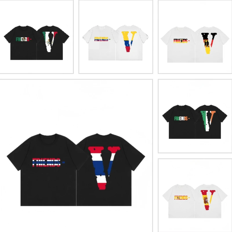 Camiseta con gráfico de banderas del mundo Vlone, camiseta de manga corta con estampado de países internacionales Friends V, ropa de calle informal, camisetas con gráficos