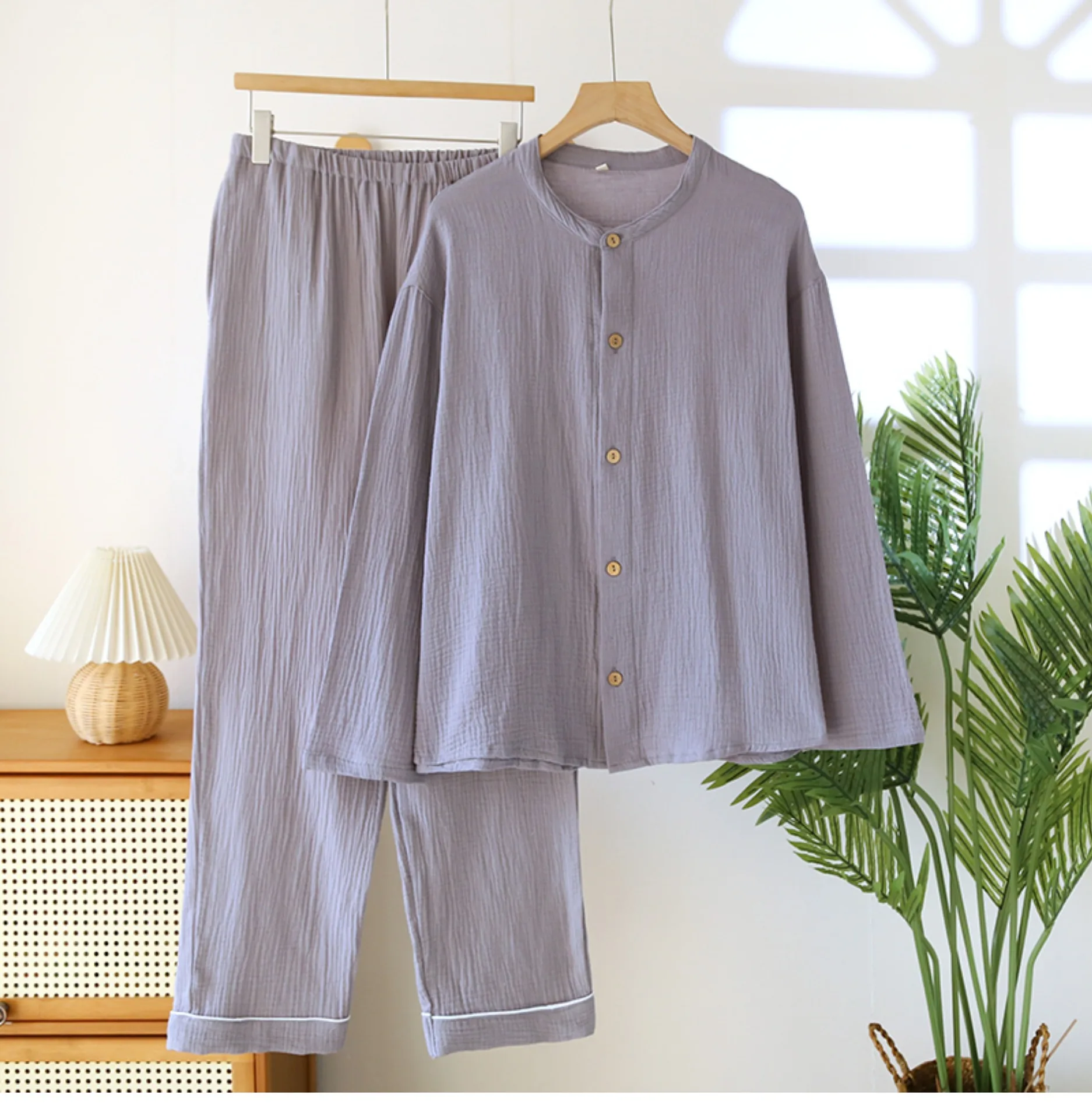 Cardigan Long Sleeve Pajamas For Men Nightwear Gauze Cotton Sleepwear For Sleeping Pyjama Set Autumn New Men's Home Wear