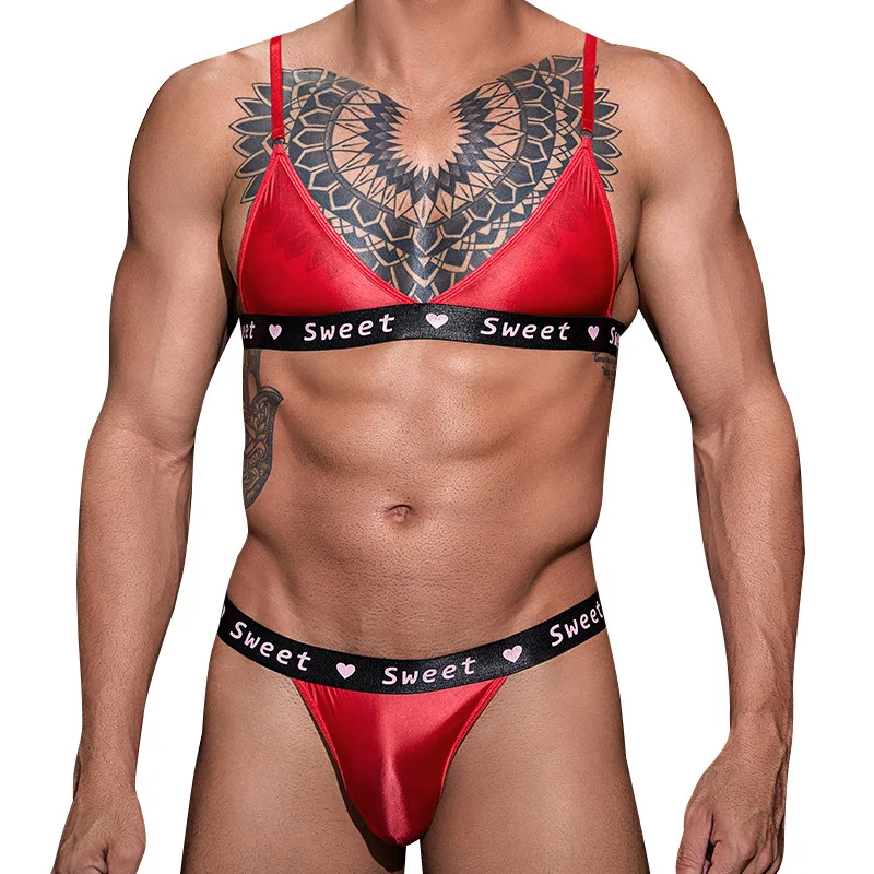 Men's Bras Briefs Set Sexy Oil Shiny Sheer Bikini Suit Erotic Underwear High Elastic Gay Lingerie See-Through Sissy Feminization - Image 6