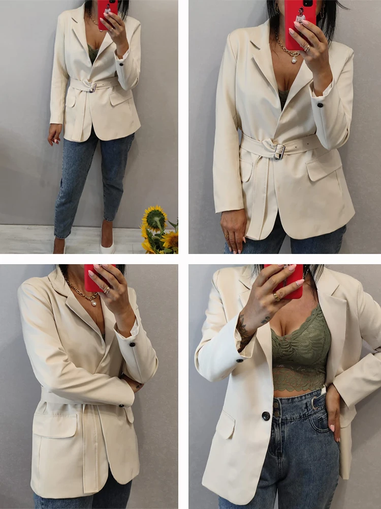  Spring and Autumn New Office Ladies Suit Jacket Women One Button Pure Color Commuter  Elegant Fashion Jacket Belt Belt
