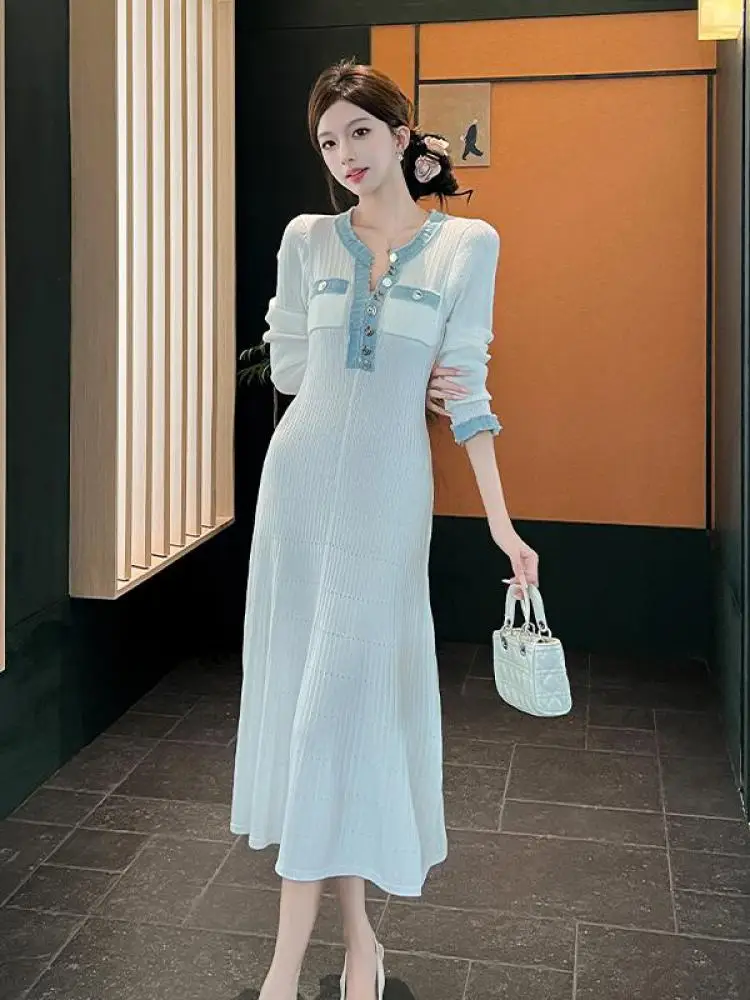 Robe coréenne en Patchwork noir et blanc pour femmes, col rond, élégante, Slim, manches longues, simple boutonnage, tricotée, tendance, automne hiver