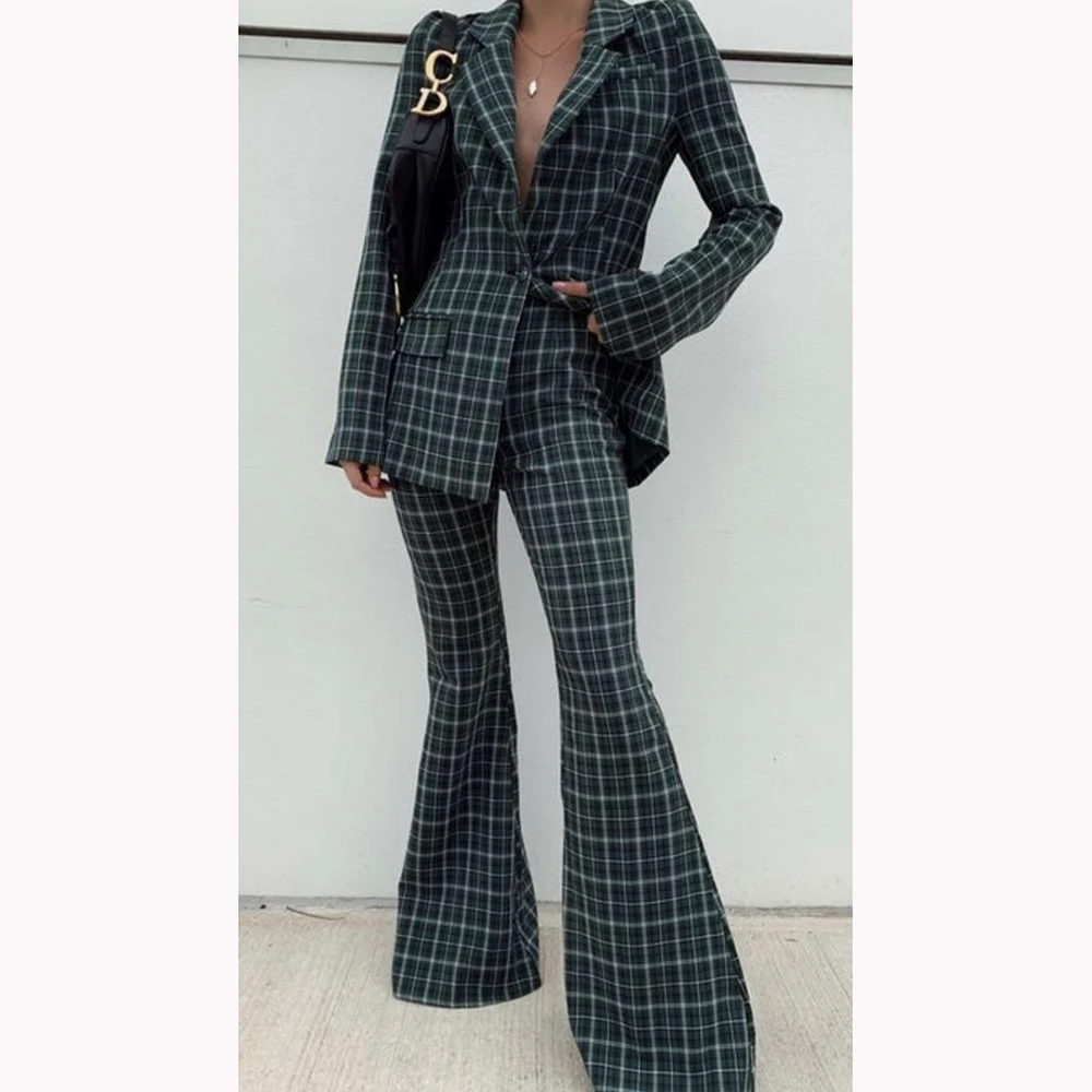 Green Lattice Women's Suits Customied Modern Office Lady Suit Single-grain Buckle Two Pieces (Jacket+Flared Pants) Daily Set