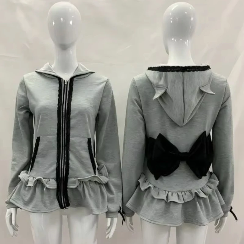 Autumn Winter New Y2K Harajuku Aesthetics Lace Zipper Lotus Leaf Skirt Butterfly Bow Women's Hoodie Emo Clothing Zipper Caot
