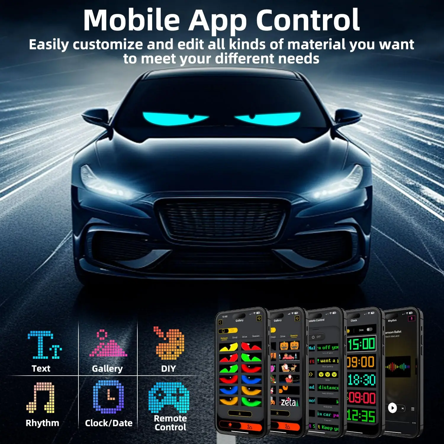 2PCS Dynamic Big Devil Eyes Light for Cars Programmable Flexible Window Screen LED Display for Car Animated Car Eye Matrix Pan