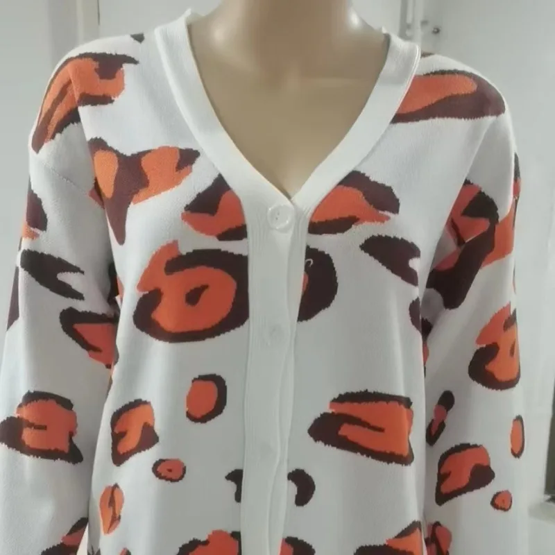 Cardigã com estampa leopardo gola v feminino, lanterna geométrica, manga comprida, botão, rosca, casacos monocromáticos, tops casuais, outono,