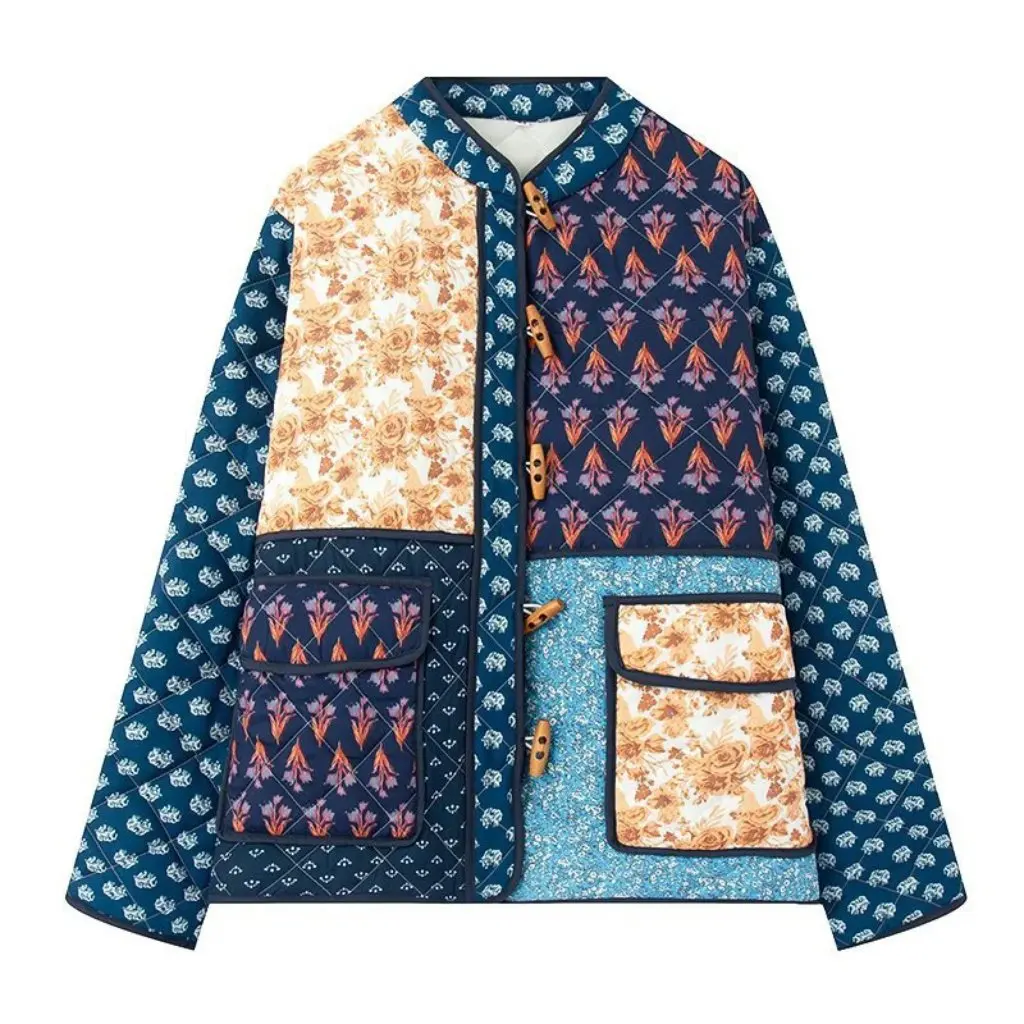 

Women's Fashion Thickened Cotton Jacket Autumn Winter New Printed Split Horn Button Design European American Style Clothing