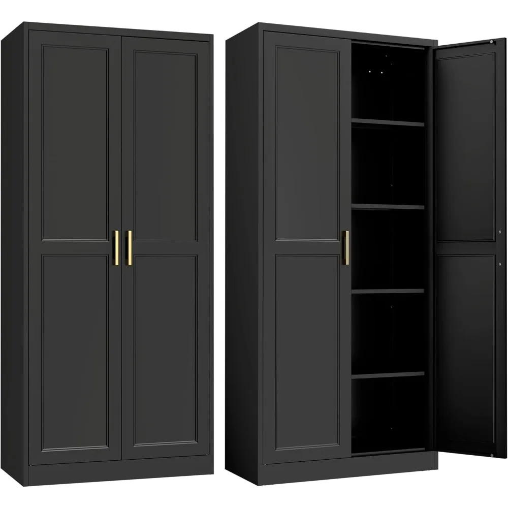 

Kitchen Pantry Cabinet, 71" Black Metal Storage with Doors & 4 Shelves - Adjustable Tall Cabinet with Gold Handles for Pantry &