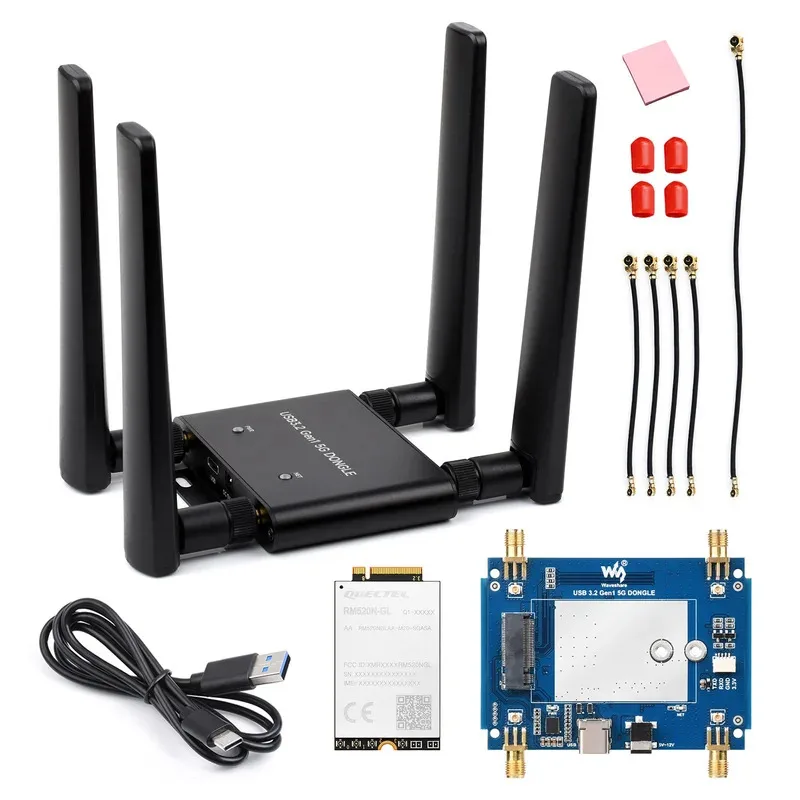 

【Waveshare genuine】- 5G DONGLE Expansion Board, USB 3.2 Port, Aluminum Alloy Case, Quad Antennas, Onboard M.2 Key B, Options 5G