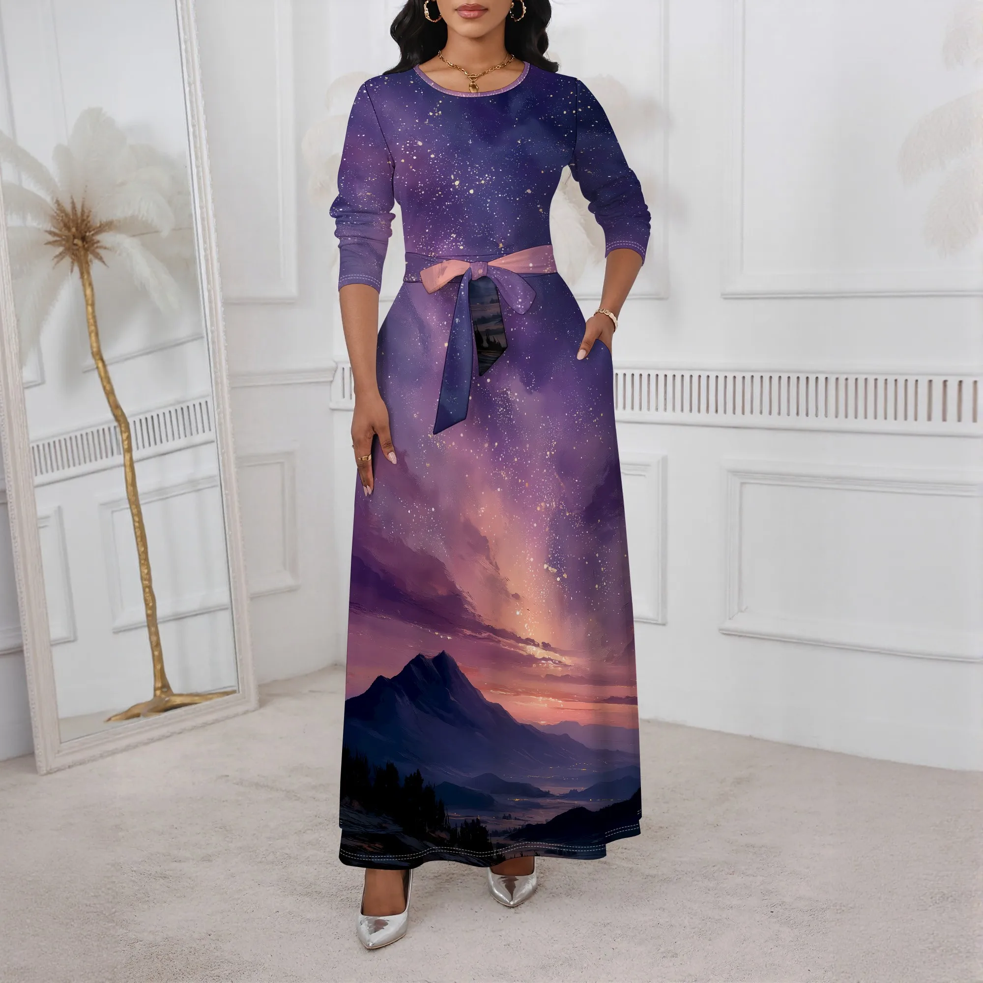 

Galaxy Sunset Print Maxi Dress XS-3XL Round Neck Long Sleeve Belted Style for Art Show, Holiday Dinner or Winter Night Look