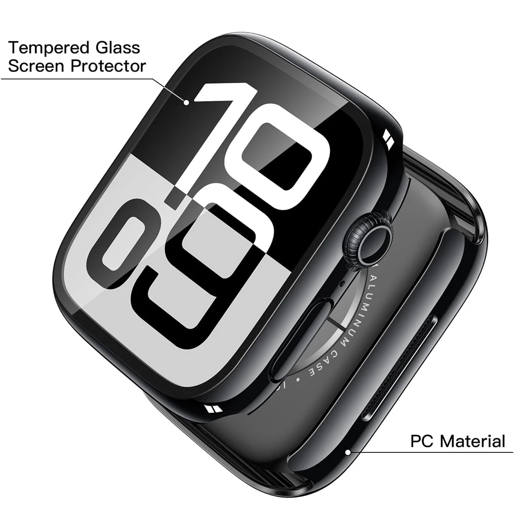 Displayschutzfolie für Apple Watch Gehäuse Serie 12 11 10 9 SE 8 7 6 46mm 42mm 45mm 44mm 40 41 PC-Stoßfänger + gehärtetes Glas iWatch-Hülle – Detail 4