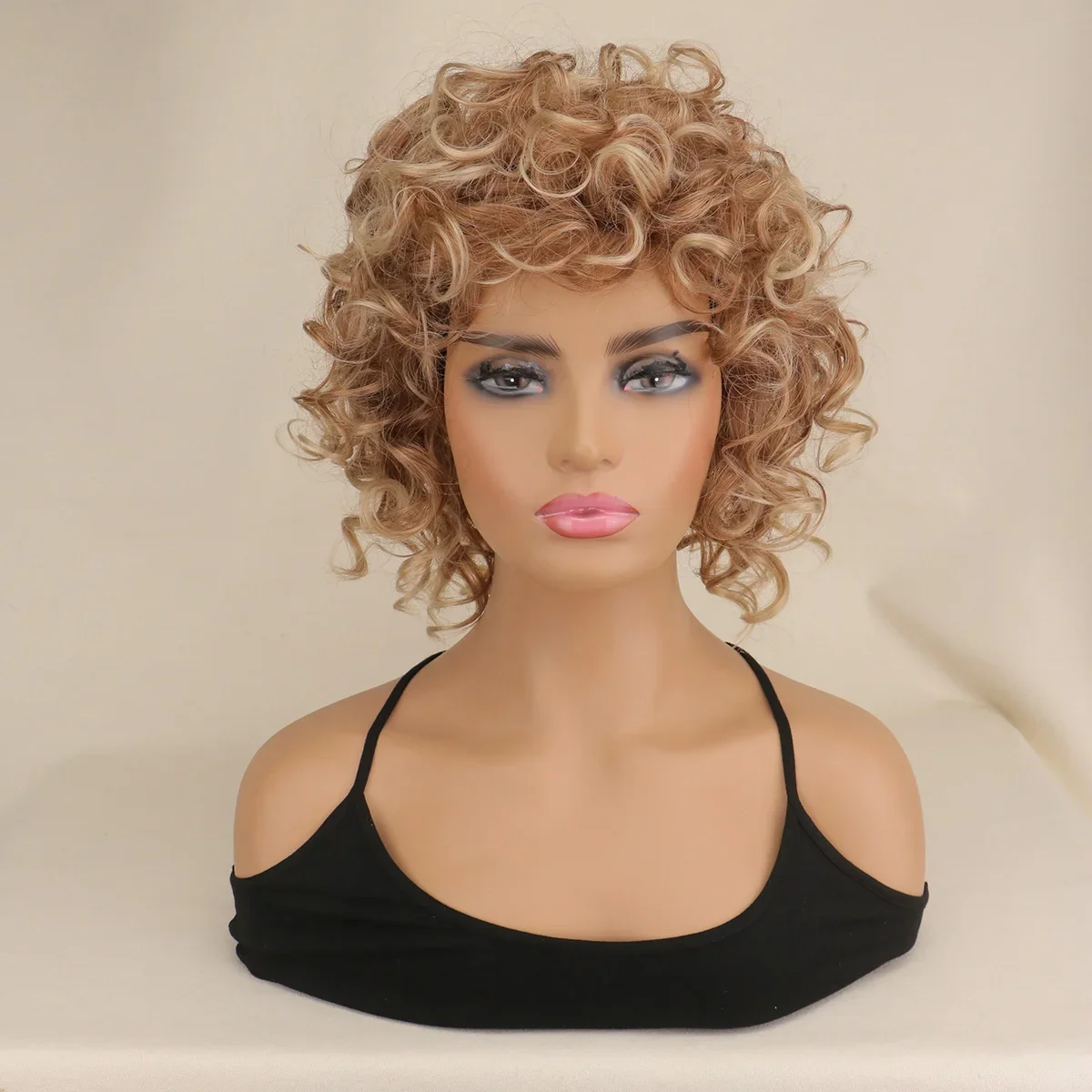 2025Halloween WHIMSICAL W-Perruque Synthetque Courte Bouclée pour Femme, Cheveux Naturels, Blond Mixte, Marron,Degré de Chaleur