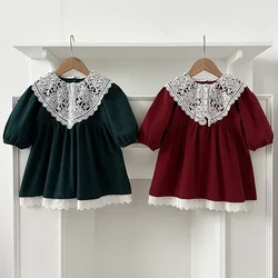 Autumn Children Dress Girl Lace Collar Dress Long Sleeve Rural Princess Clothing Sprint Toddler Casual Outdoor Korean Clothes