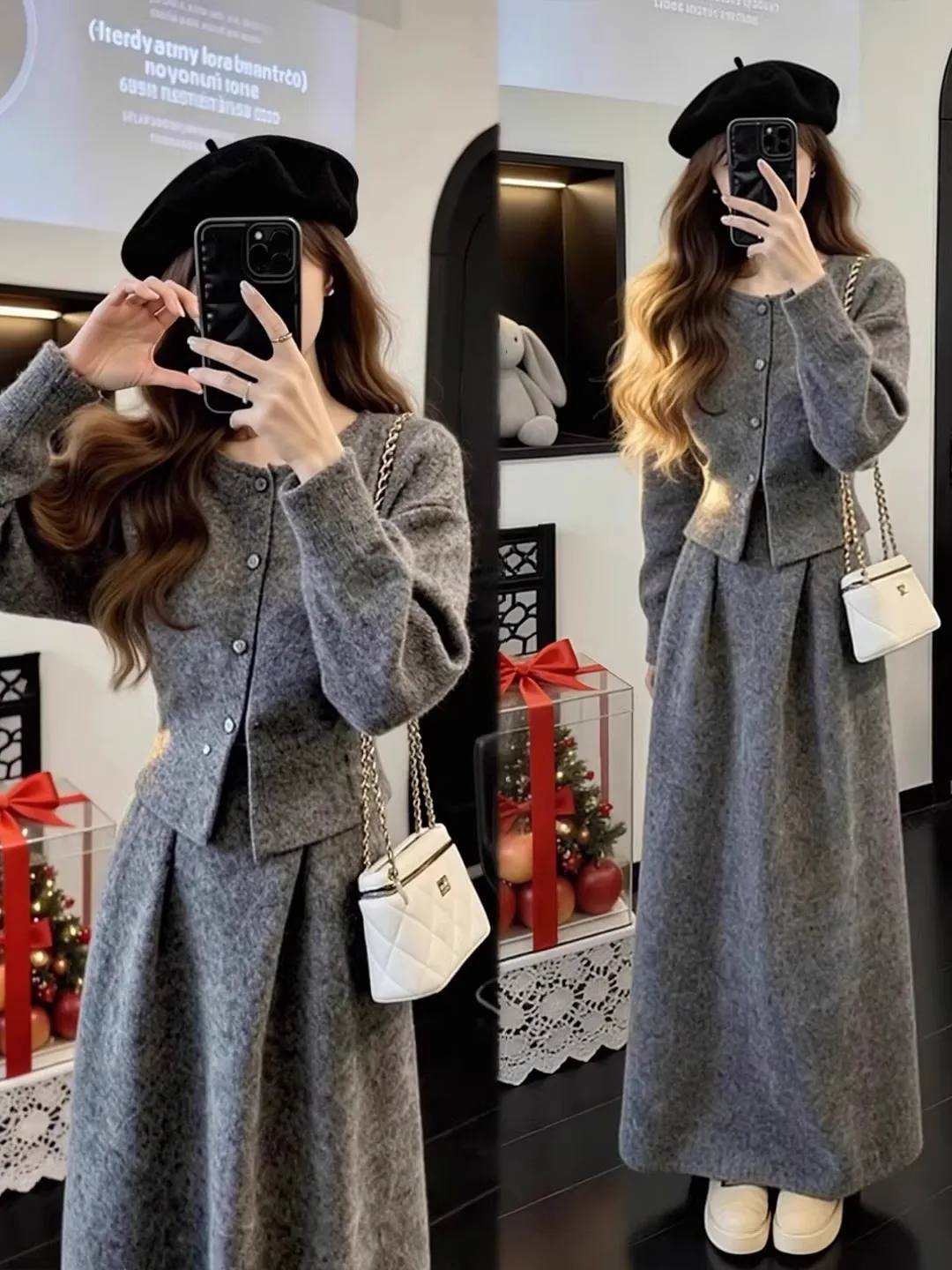 

Зимний модный комплект для женщин больших размеров: шерстяное пальто и юбка в корейском стиле, с высокой талией, А-силуэт, теплый и элегантный комплект из двух предметов.