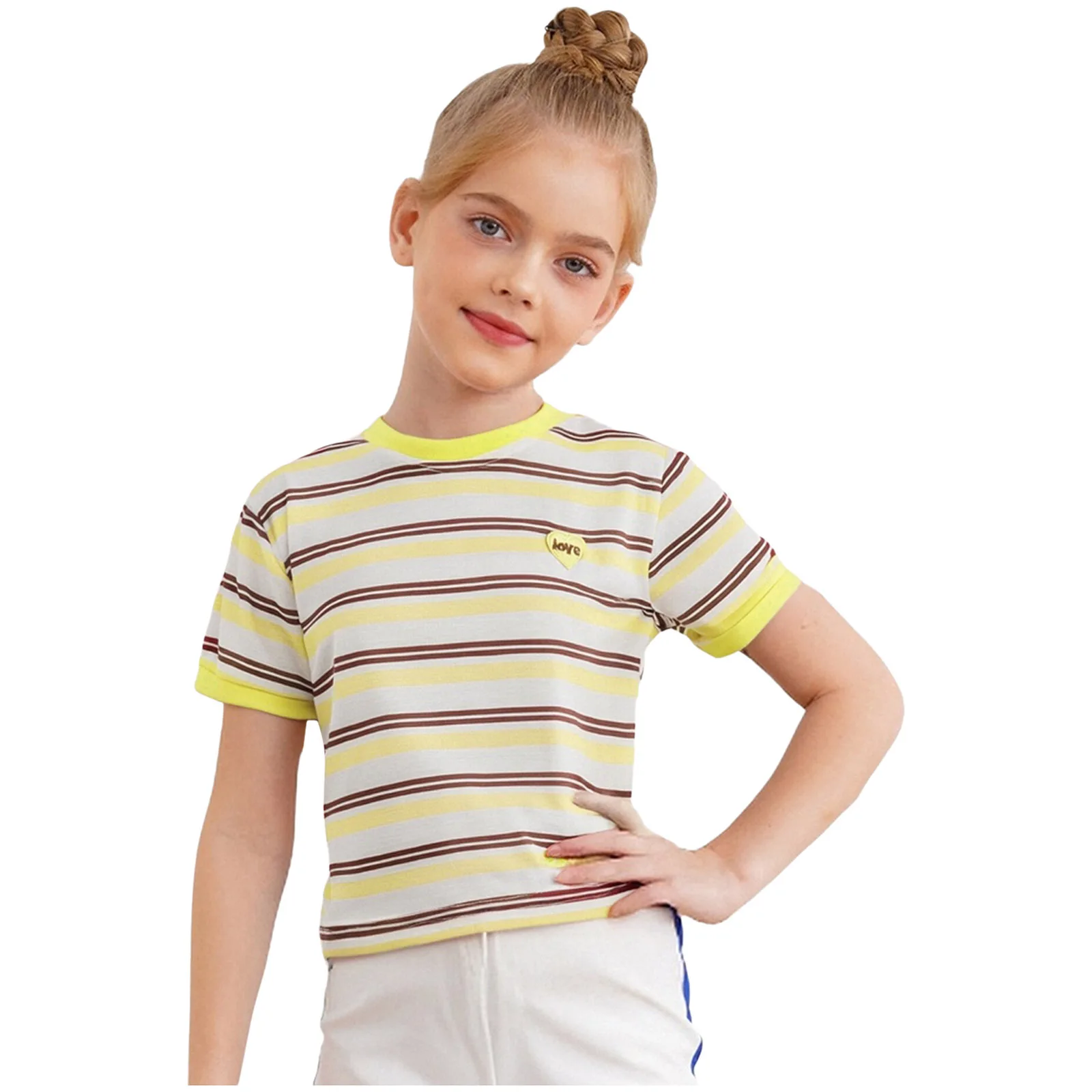 Kids Girls T-shirt Summer Heart Embroidery Striped Round Neck Short Sleeves Contrast Color Casual Tops for Holiday Weekend Beach