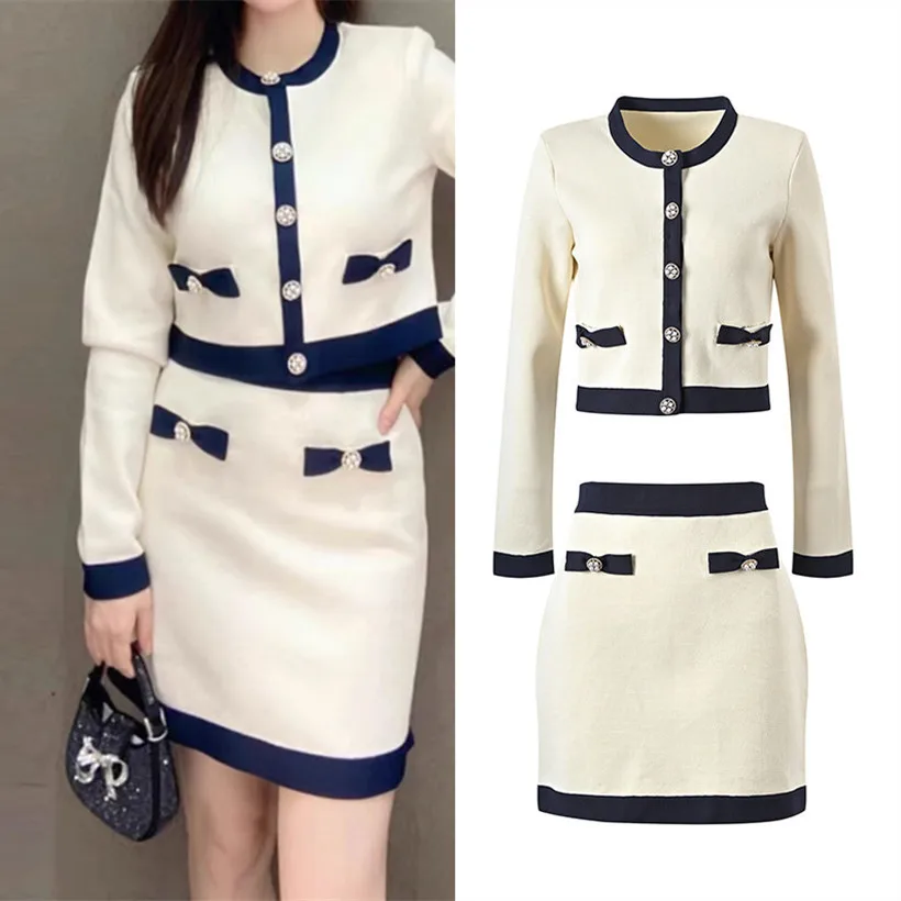 

Высококачественный узел цвета слоновой кости SE, домашний вязаный длинный топ с круглым вырезом Ne, юбка трапециевидной формы, юбка длиной f, комплект Faion, женский...