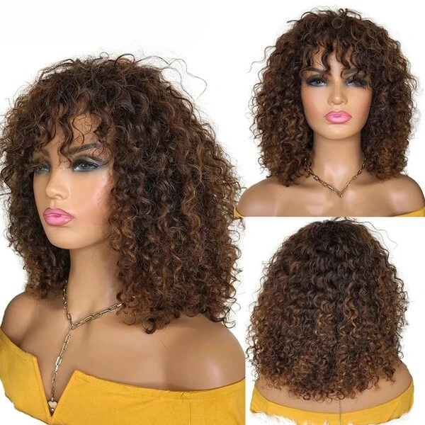 

Ombre Коричневые Бразильские Волосы Парик Вьющихся Волос с Челкой Без Париков Шнурка