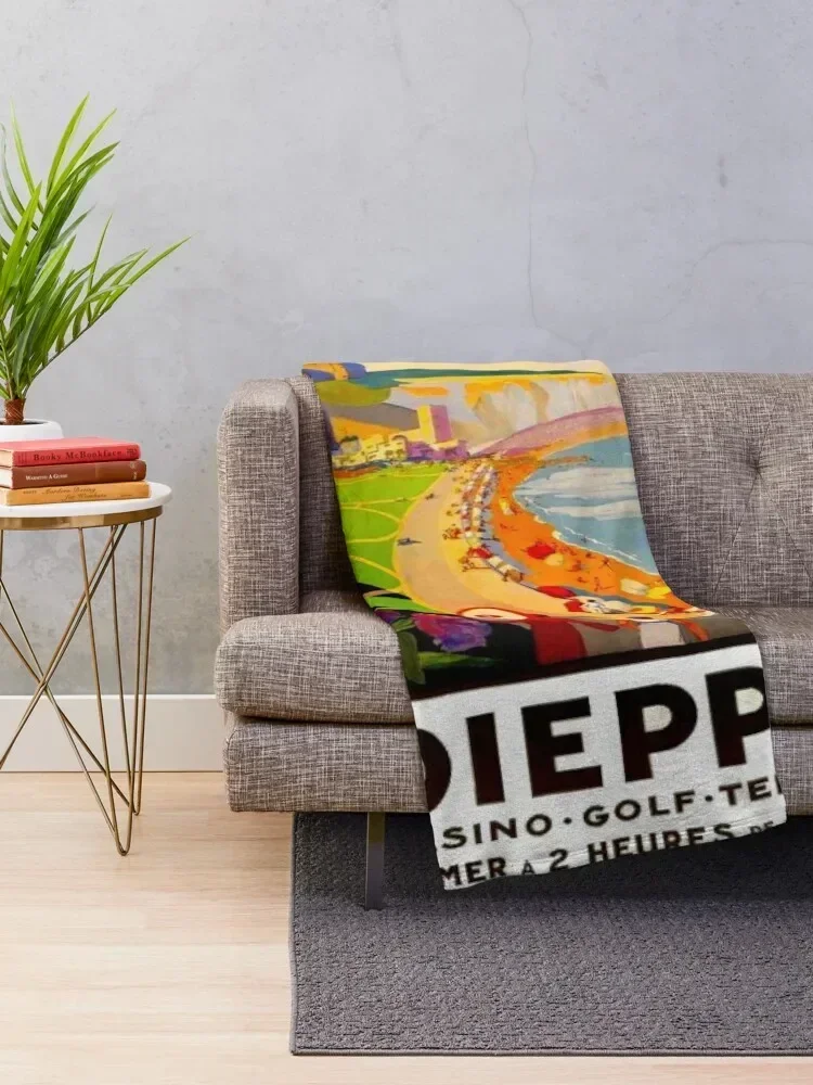 DIEPPE FRANCE : Vintage 1930 Resort Beach Scene Advertising Print Throw Blanket For Decorative Sofa Decorative Sofa Blankets