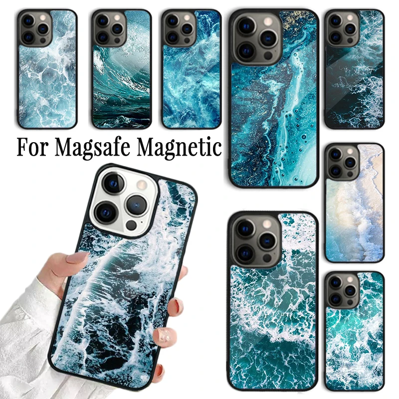 Coque Phone Case For iPhone 16 15 14 13 12 Mini 11 Pro Max Plus Magsafe Magnetic Wireless Charging Cover Blue Sea Ocean Waves