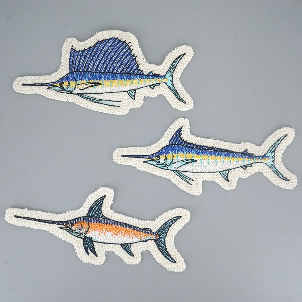 

1 Piece Marine Fish Embroidered Patch Sea Fish Canvas Iron on Applique For Clothes Backpack , Sailfish , Blue Marlin , Swordfish