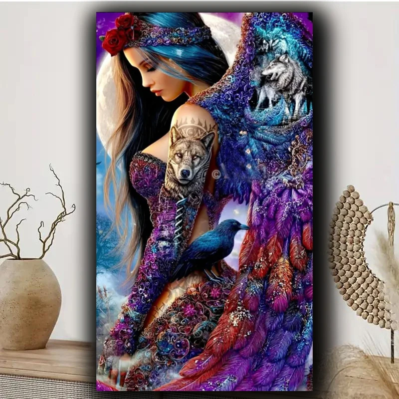 Pintura de diamante Diy de cuervo de Ángel y lobos vibrantes, recién llegados, Kits de bordado artístico de mosaico completo de diamantes, mujer fantástica, 2026