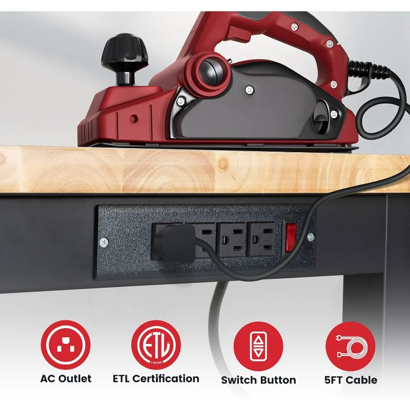 48 Inch Work Table for Garage Adjustable Height Rubber Wood Tabletop Workbench with Storage Work Bench Table with Power Outlets