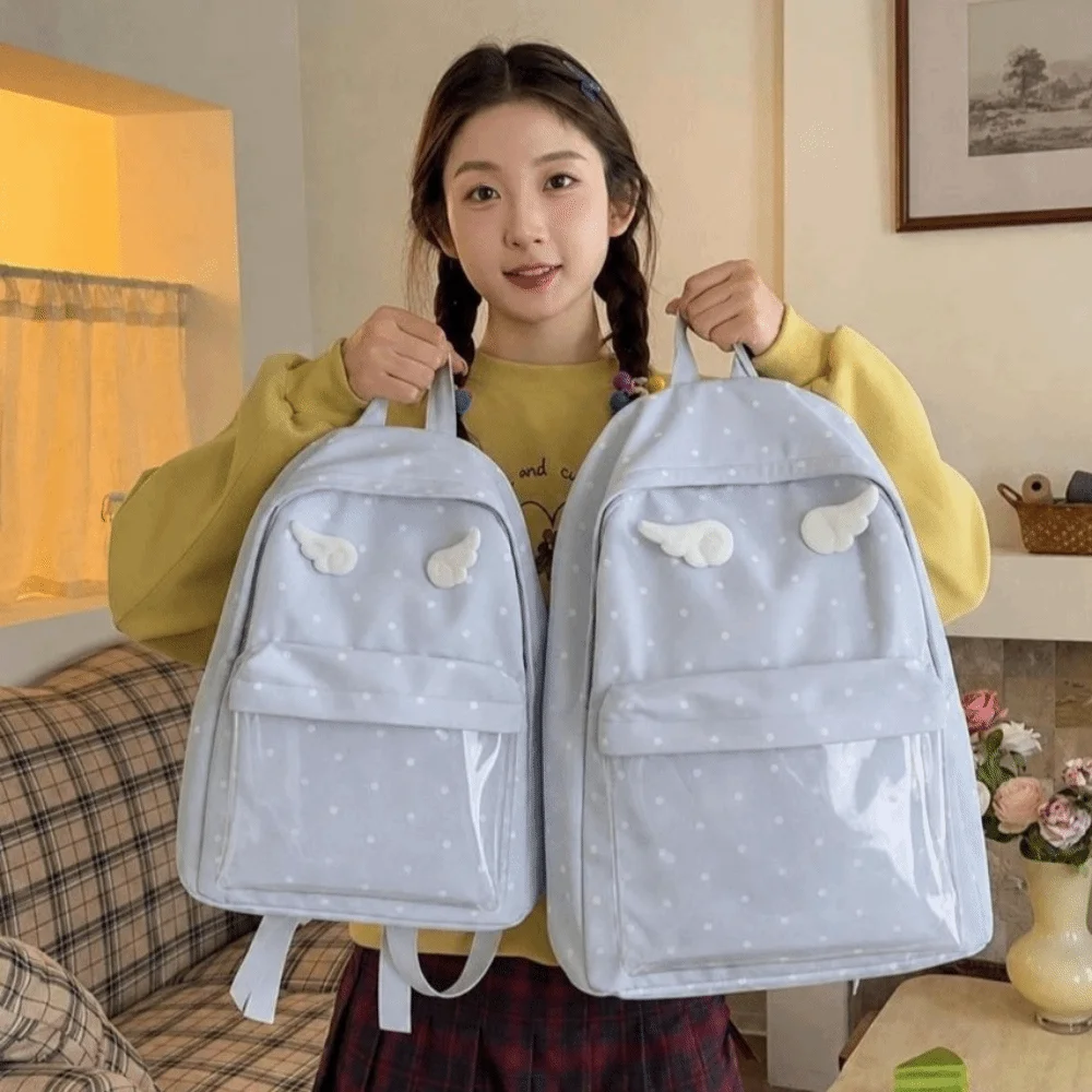 2 Sizes Polka Dot Backpack Polka Dot Pattern Transparent Pocket School Daypack Large Capacity Transparent Pocket Backpack